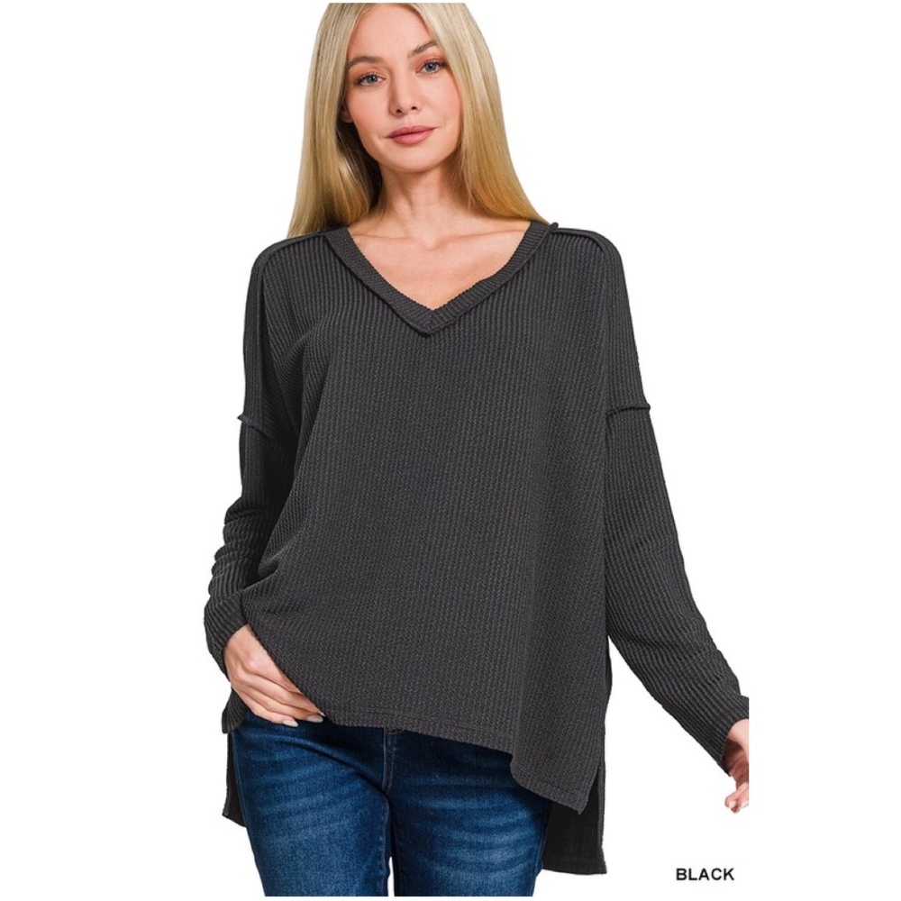 Black Ribbed Knit V neck Reverse Stitch Long Sleeve Top